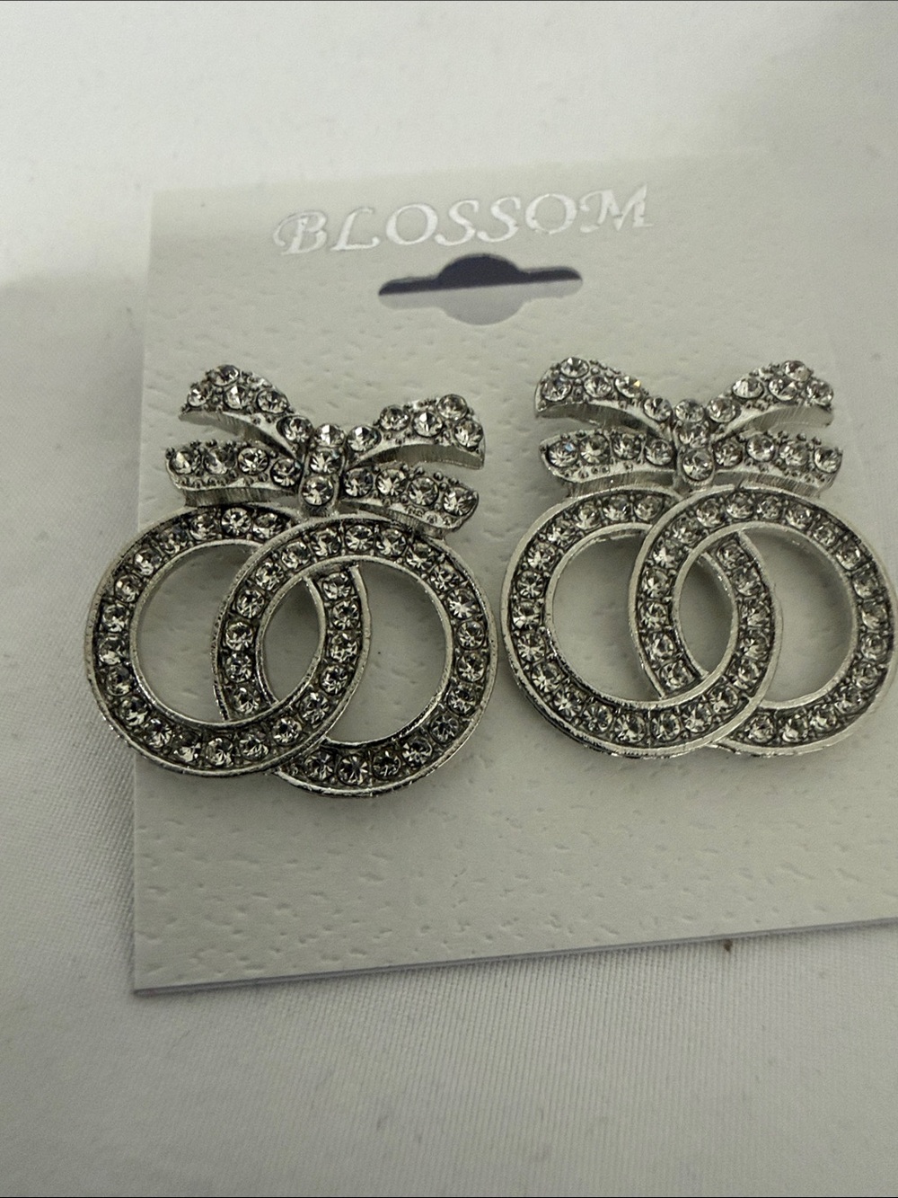 Rhinestone Bow Double Ring Earrings in Silver Tone